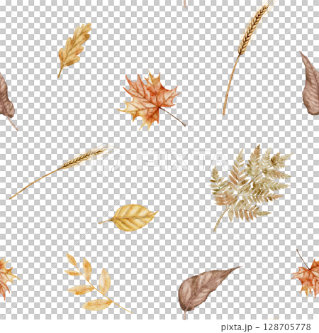 Watercolor seamless pattern with autumn leaves, ferns, and wheat. illustration of Fall background with dry plants for seasonal wrapping paper or textile design. Ornament with herbs. 128705778