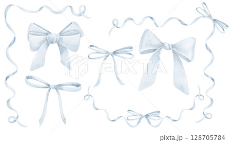 Watercolor illustration of pastel light blue Ribbons and Bows with curls. Drawing for Baby shower greeting cards or wedding invitations. Art for gift decorations or nursery designs. 128705784