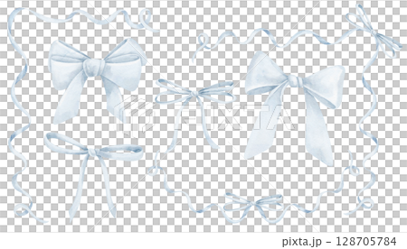 Watercolor illustration of pastel light blue Ribbons and Bows with curls. Drawing for Baby shower greeting cards or wedding invitations. Art for gift decorations or nursery designs. 128705784
