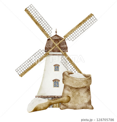 Watercolor illustration of white Windmill, flour sack and scoop on isolated background. Drawing of wind mill for farm, countryside and autumn harvest design. Art for product label. 128705786