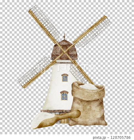 Watercolor illustration of white Windmill, flour sack and scoop on isolated background. Drawing of wind mill for farm, countryside and autumn harvest design. Art for product label. 128705786