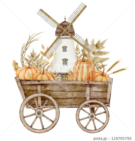 Watercolor illustration of a Rustic wooden Cart filled with Pumpkins, grain, and fall foliage in front of a Windmill. Autumn drawing for harvest festival greeting cards or invitations. Watercolor illustration of a Rustic wooden Cart filled with Pumpkins, grain, and fall foliage in front of a Windmill. Autumn drawing for harvest festival greeting cards or invitations. 128705793