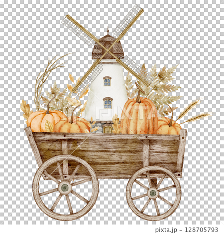 Watercolor illustration of a Rustic wooden Cart filled with Pumpkins, grain, and fall foliage in front of a Windmill. Autumn drawing for harvest festival greeting cards or invitations. Watercolor illustration of a Rustic wooden Cart filled with Pumpkins, grain, and fall foliage in front of a Windmill. Autumn drawing for harvest festival greeting cards or invitations. 128705793