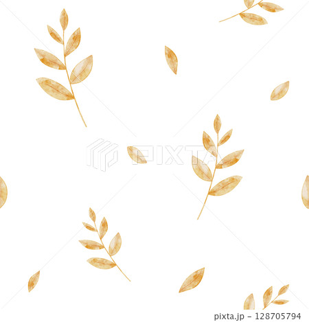 Watercolor seamless pattern with scattered Autumn Branches and yellow Leaves. Illustration of fall background for textile design or wrapping paper. Botanical backdrop for seasonal stationery. Watercolor seamless pattern with scattered Autumn Branches and yellow Leaves. Illustration of fall background for textile design or wrapping paper. Botanical backdrop for seasonal stationery. 128705794