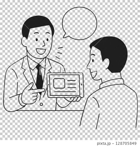 タブレットで商品提案している男性のイラスト 128705849