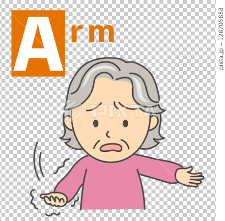 Illustration of a senior woman doing the BEFAST check for stroke "Arm" 128705888