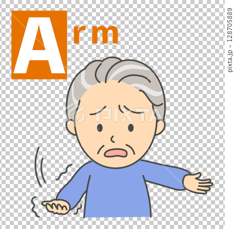 Illustration of a senior man doing the BEFAST check for stroke "Arm" 128705889
