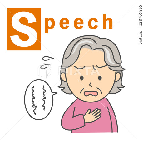 脳卒中のBEFASTチェック「Speech」シニア女性のイラスト 脳卒中のBEFASTチェック「Speech」シニア女性のイラスト 128705895