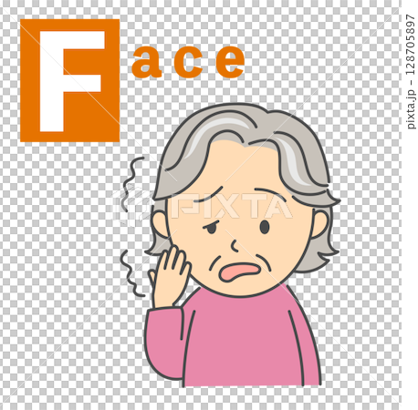 脳卒中のBEFASTチェック「Face」シニア女性のイラスト 脳卒中のBEFASTチェック「Face」シニア女性のイラスト 128705897