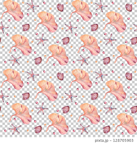 Hand painted watercolor underwater world with exotic ocean flora and seashells on seamless background isolated. Marine repeated design vibrant colors for tropical prints, fabrics, and beach fabric. 128705903