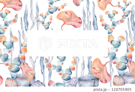 Watercolor ocean border with vivid seaweed, coral leaves, and kelp isolated. Bright hand painted marine frame in orange and blue, for summer packaging, beach invitations, and tropical designs. 128705905