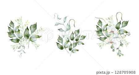 Greenery bouquet of holly branches and orchid bloom delicate watercolor clipart isolated. Foliage bunches of leaves hand drawn in soft green. White flowers for nature design, wedding, wall art. Greenery bouquet of holly branches and orchid bloom delicate watercolor clipart isolated. Foliage bunches of leaves hand drawn in soft green. White flowers for nature design, wedding, wall art. 128705908