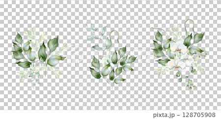 Greenery bouquet of holly branches and orchid bloom delicate watercolor clipart isolated. Foliage bunches of leaves hand drawn in soft green. White flowers for nature design, wedding, wall art. Greenery bouquet of holly branches and orchid bloom delicate watercolor clipart isolated. Foliage bunches of leaves hand drawn in soft green. White flowers for nature design, wedding, wall art. 128705908