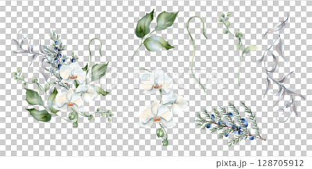 White orchids, eucalyptus and juniper in pastel tones watercolor clipart isolated. Floral set of coniferous branch, white flowers hand drawn. Greenery design in soft sage green for packaging, invite White orchids, eucalyptus and juniper in pastel tones watercolor clipart isolated. Floral set of coniferous branch, white flowers hand drawn. Greenery design in soft sage green for packaging, invite 128705912