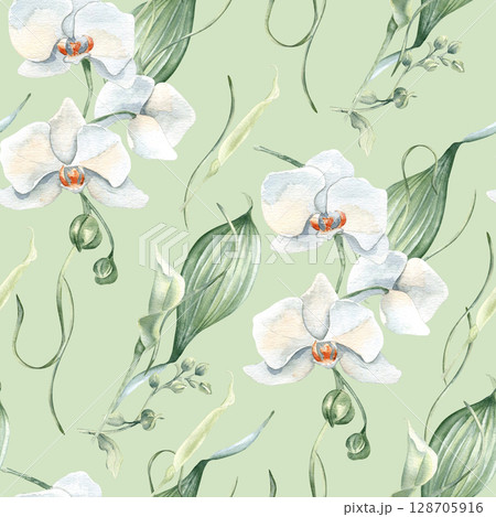 Orchid blossoms, lily buds, pale green leaves watercolor floral repeat background isolated. Botanical seamless pattern neutral tones hand drawn for stationary, pastel textiles, and natural branding. 128705916