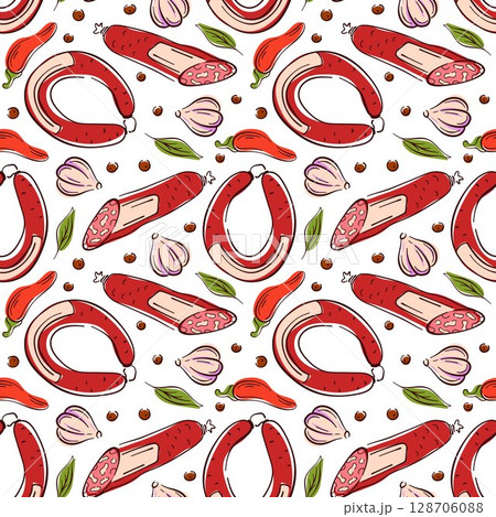 Seamless pattern with flat sausage, garlic, chili pepper, herbs and spice element. Perfect for salami day holiday, meat packaging, butcher shop, deli menu, food design and kitchen decoration. 128706088