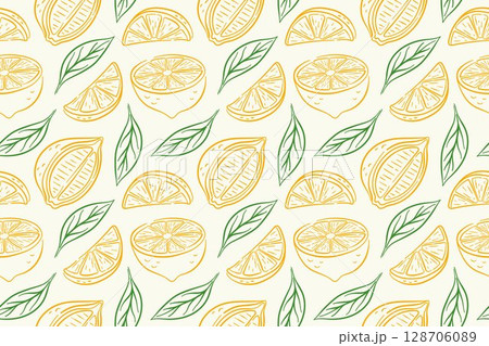 Seamless pattern with yellow lemon slice, half and green leaf in line art style on white background. Fresh fruit design for summer wallpaper, fabric or kitchen wallpaper. 128706089