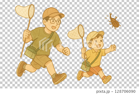 父子捕捉昆蟲的夏日回憶 | 親子自然體驗插畫 父子捕捉昆蟲的夏日回憶 | 親子自然體驗插畫 128706090