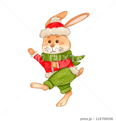 Cute Christmas bunny in red sweater, green pants, scarf, and Santa hat. Watercolor illustration in cartoon style. Perfect for holiday cards, winter childrens designs, festive decorations, printables. 128706096