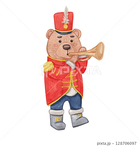 Cute bear playing trumpet in marching band uniform. Watercolor illustration of a Christmas orchestra, holiday. New year. Perfect for Christmas designs, childrens books, holiday cards, nursery decor. Cute bear playing trumpet in marching band uniform. Watercolor illustration of a Christmas orchestra, holiday. New year. Perfect for Christmas designs, childrens books, holiday cards, nursery decor. 128706097