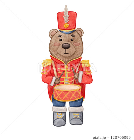 Cute bear drummer in marching band uniform. Watercolor illustration of a Christmas orchestra, holiday. New year, festive red uniform. Perfect for, childrens books, holiday cards, nursery decor. 128706099