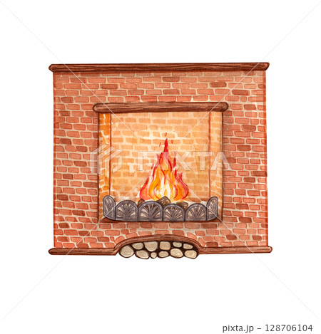 A brick fireplace with a burning fire. Watercolor illustration of a cozy home atmosphere. A warm autumn or winter evening. It is suitable for Christmas themes, autumn images, postcard, stickers, book. 128706104