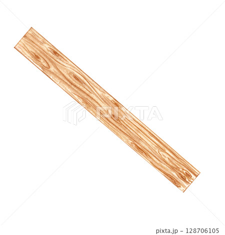 A wooden board with natural texture on a white background. Watercolor illustration of rustic home details. Cozy cabin or Christmas village atmosphere. Perfect for postcards, stickers, winter decor. 128706105