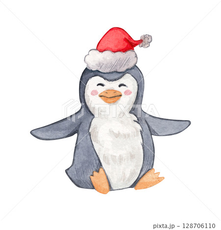 A smiling penguin wearing a red Santa hat. Watercolor illustration of a winter animal. A Christmas motif. The collection of the Christmas orchestra with bears. Great for postcards, prints, stickers. 128706110