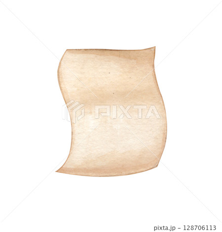 A blank sheet of old paper on a white background is a watercolor illustration in vintage style. The scroll. Perfect for decorating fairy tales, Christmas lists, holiday notes, invitations, stickers. 128706113