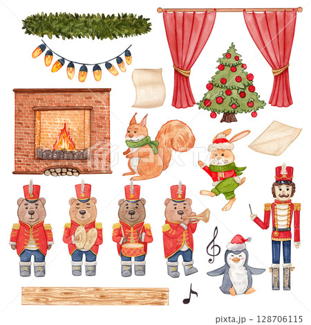A cozy Christmas scene with fireplace, toys, tree, curtain, and decor. Watercolor illustrations. Garland, Christmas orchestra. Warm festive style with vintage feel. Great for cards, posters, books. A cozy Christmas scene with fireplace, toys, tree, curtain, and decor. Watercolor illustrations. Garland, Christmas orchestra. Warm festive style with vintage feel. Great for cards, posters, books. 128706115