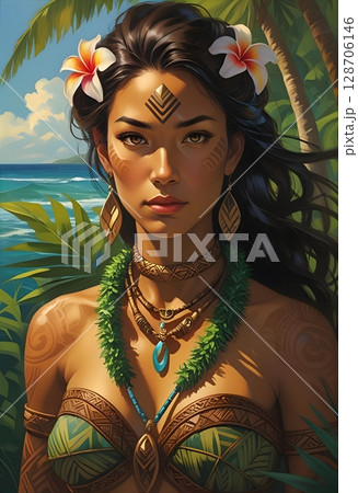 花飾りをつけた南国の美女・TRPGキャラクターのポートレートイラスト 128706146