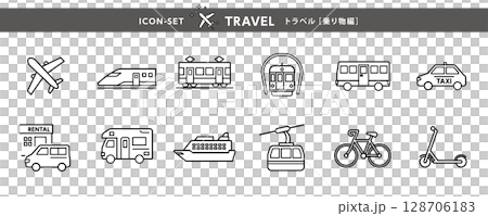 旅行アイコンセット　乗り物編（飛行機・新幹線・バズ・レンタカーなど）Travel Transport 128706183