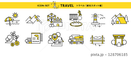 旅行アイコンセット　観光地編（ビーチ、山、温泉、裕厭離など）Tourist Spot Icons 128706185