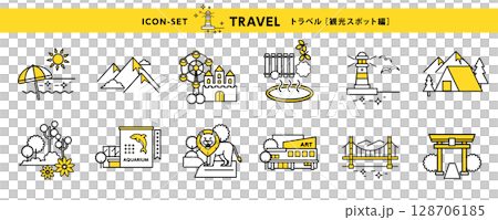 旅行アイコンセット　観光地編（ビーチ、山、温泉、裕厭離など）Tourist Spot Icons 128706185