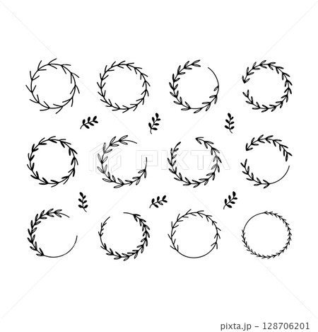 Botanical Frames and Branches Set. A collection of hand-drawn leafy branches and circular frames in elegant line style, perfect for invitations, logos, packaging, and nature-themed design. 128706201