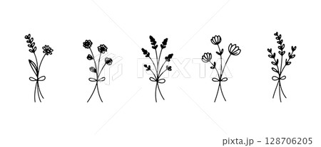 Delicate wildflower bouquet. Delicate wildflower bouquet with soft petals and thin green stems in a hand-drawn minimal style. Delicate wildflower bouquet. Delicate wildflower bouquet with soft petals and thin green stems in a hand-drawn minimal style. 128706205