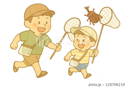 夏の親子の思い出・虫取りを楽しむ父と息子の可愛いイラスト 128706219