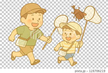 夏の親子の思い出・虫取りを楽しむ父と息子の可愛いイラスト 128706219