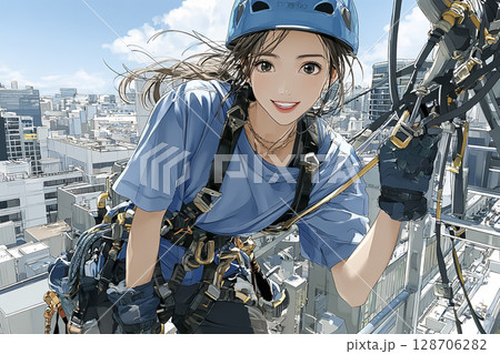 高所作業に従事する笑顔の女性作業員のイラスト素材 高所作業に従事する笑顔の女性作業員のイラスト素材 128706282