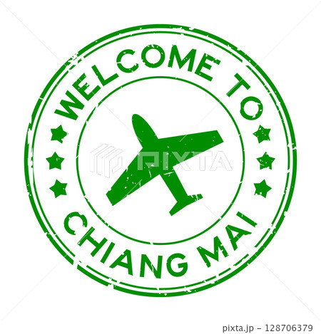 Grunge green welcome to chiang mai with airplane icon round rubber seal stamp on white background Grunge green welcome to chiang mai with airplane icon round rubber seal stamp on white background 128706379