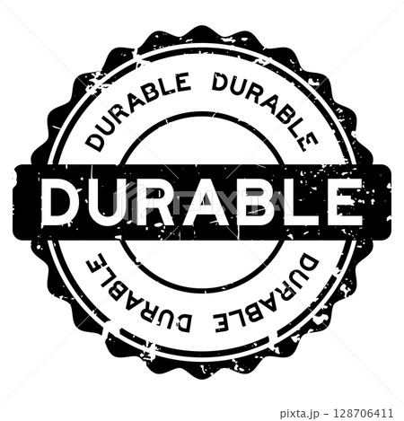 Grunge black durable word round seal stamp on white background 128706411