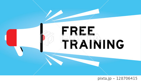 Color megaphone icon with word free training in white banner on blue background Color megaphone icon with word free training in white banner on blue background 128706415
