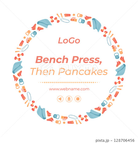 Colorful frame of gym and sport equipment. Bright banner design for fitness and workout activities. Minimal background with accessories for training or healthy programs. 128706456