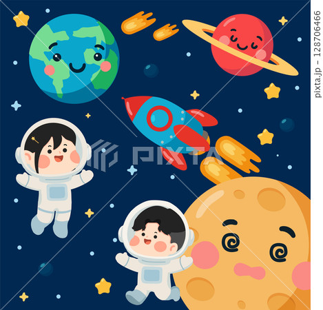 Astronaut kid in space with rocket ship Astronaut kid in space with rocket ship 128706466