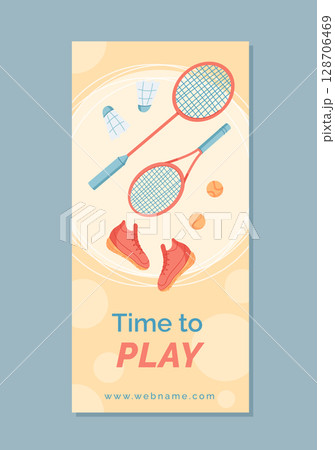 Flat badminton banner with sport equipment like rackets and shoes. Gym and workout gear arranged creatively. Minimal design background with player activity theme, perfect for modern banner designs. Flat badminton banner with sport equipment like rackets and shoes. Gym and workout gear arranged creatively. Minimal design background with player activity theme, perfect for modern banner designs. 128706469