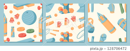 Flat seamless pattern of gym equipment set. Sport tools including accessories like weights and mats highlight workout and fitness themes. Health training concepts in vibrant background design. 128706472