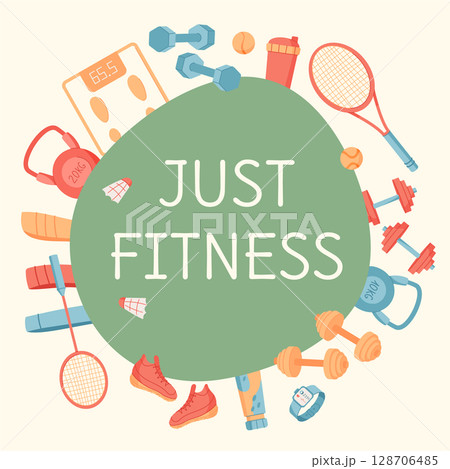 Colorful flat banner design with sport equipment and workout tools. Gym accessories and training elements highlight exercise themes. Fitness athlete background with a vibrant lifestyle concept. 128706485