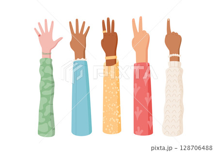 Cartoon hands showing numbers with creative gestures set. Fingers in set, illustrating counting with diverse arm poses. Ideal for educational purposes and flat style school designs. Cartoon hands showing numbers with creative gestures set. Fingers in set, illustrating counting with diverse arm poses. Ideal for educational purposes and flat style school designs. 128706488