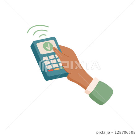 Hand holding payment terminal sticker. Gesture of transferring cash through a sale terminal. Digital payment concept, graphic style, suitable for business contexts. 128706508