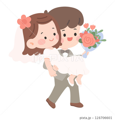 Couple Groom Carrying Bride Illustration 128706601
